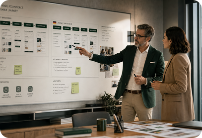 Presenter pointing to a CRO analysis board in a meeting
